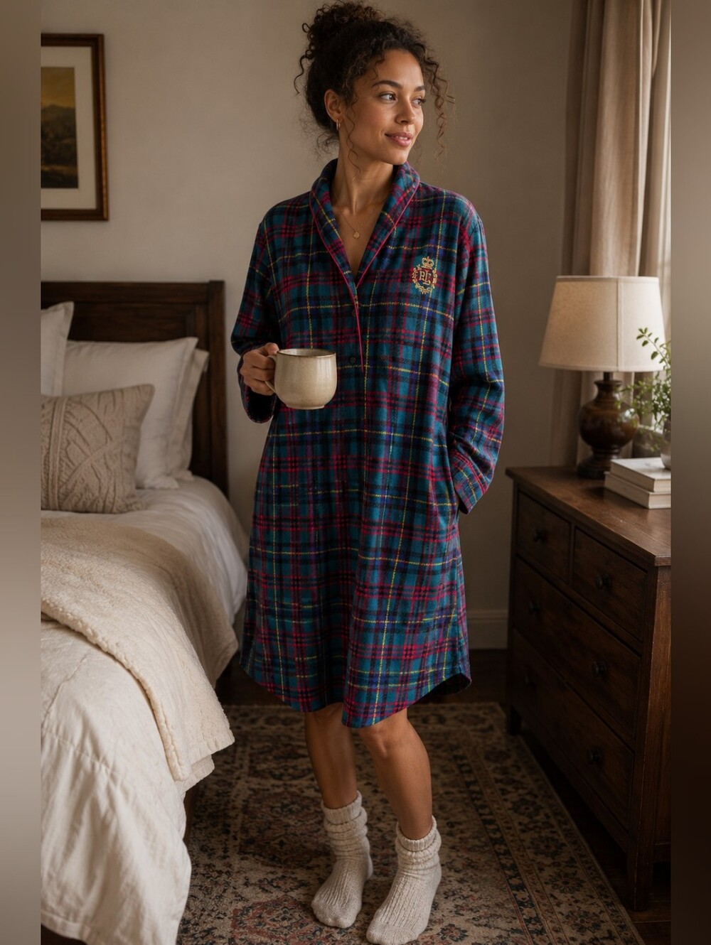 Lauren Ralph Lauren Plaid Fleece Nightshirt M Tartan Preppy Sleepwear Robe